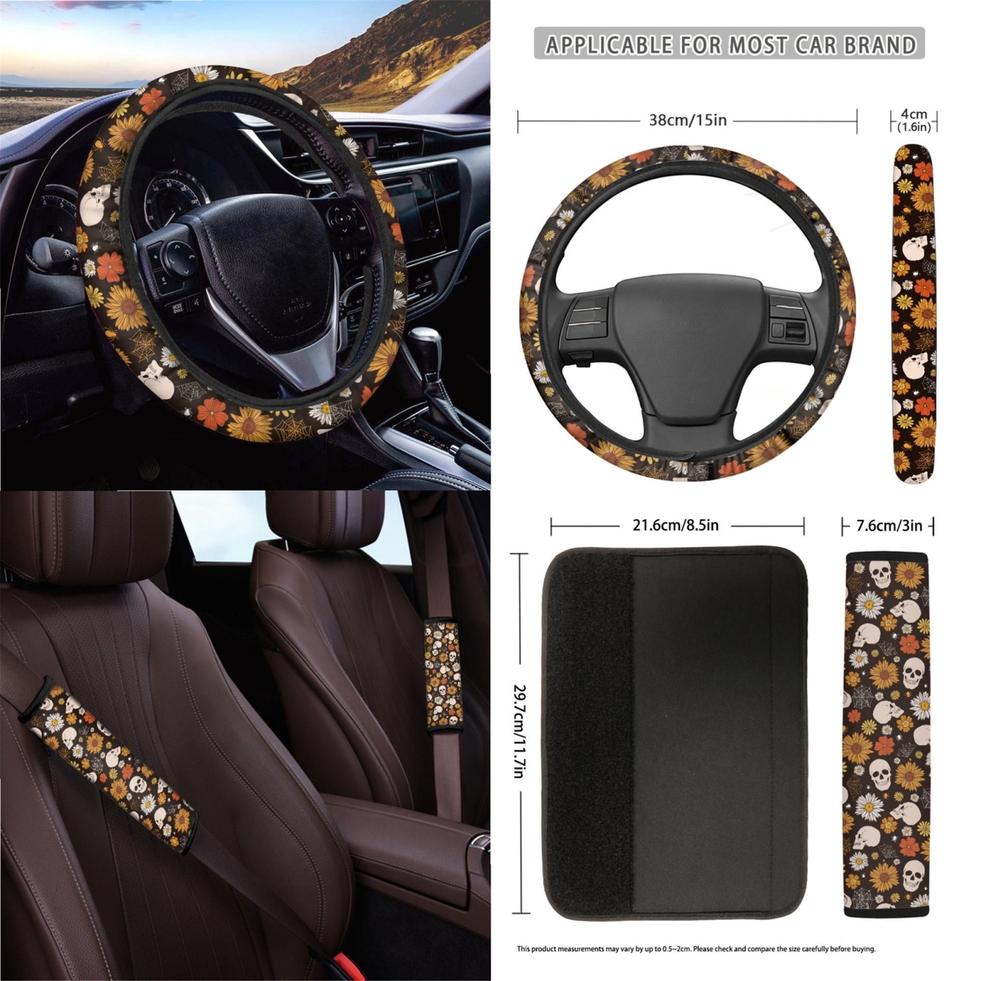 Yuyamidu Skull Car Seat Covers Full Set Daisy Auto Steering Wheel Cover Sunflower Seat Belt Pads Coasters Trash Bin Hanging Storage Bag Cup Holders Rearview Mirror Cover Key Ring 15 PCS