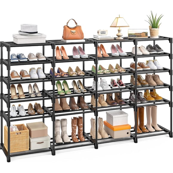 Exenoray 4-Column 6-Tier Shoe Rack, Large Capacity Plastic Shoe Storage Organizer for Entryway, Closet & Bedroom, 67.1"" W x 12"" D x 41.9"" H, Black