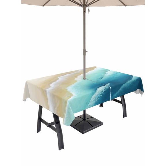 Outdoor Tablecloth with Umbrella Hole for Patio/Picnic/Party/Camping, Teal Ombre Ocean Waterproof Table Cloth Rectangle Table Cover Washable, Summer Beach Coastal Waves Gradient (60"x 84")