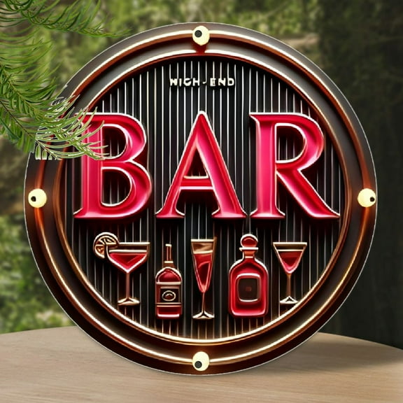 [8x8 Inch Vintage Bar Sign] Vintage Bar Neon Sign Wall Decor, 8x8 Inch Round Aluminum Metal Sign, 2D Engraved Art, for Indoor Outdoor, Farmhouse, Restaurant, Garden, Bar, Cafe, Gym