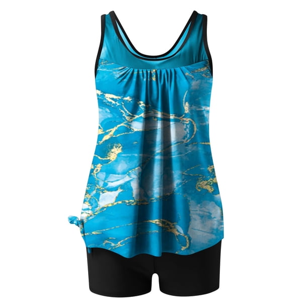 Traje de baño de 2 piezas para mujer, trajes de baño para mujer, traje de baño de dos piezas con estampado y lazo para mujer de tallas grandes, shorts de baño para mujer