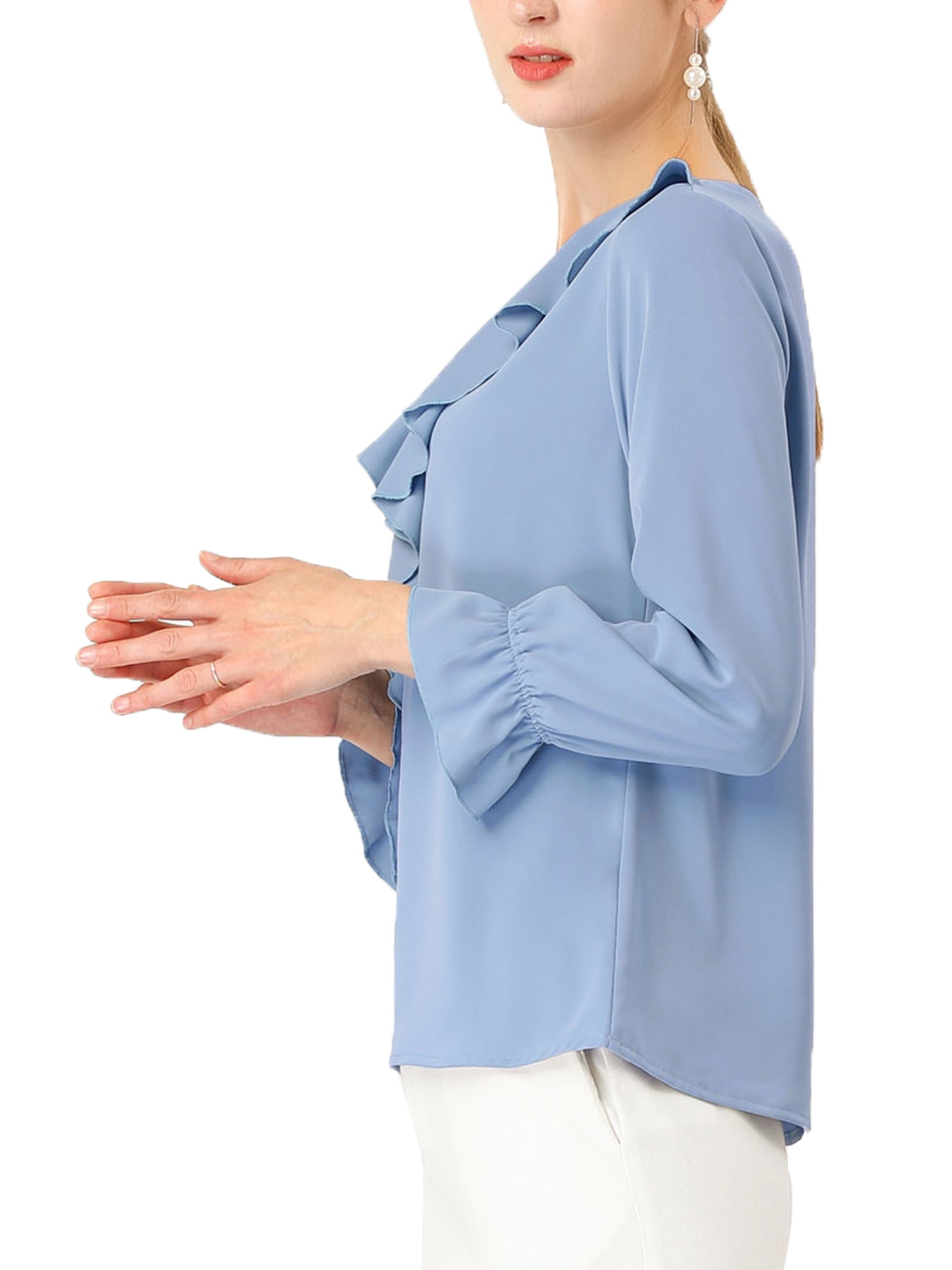 DARING DIVA Women's Ruffle V Neck Chiffon Peasant Blouse XL Baby Blue