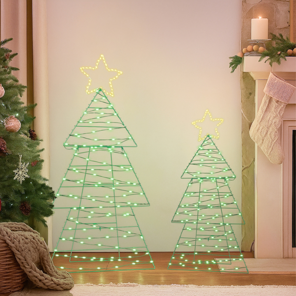 2-Pack Lighted Christmas Trees, 150 Warm White LEDs, Metal Wire Frame with Star Topper, for Indoor, Outdoor Porch, Garden Decor