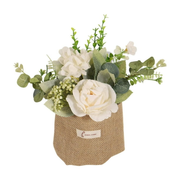 Flor colgante artificial con bolsa de arpillera, jarrón, simulación de rosa en maceta. Blanco