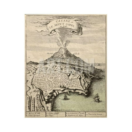 Old French Engraved Illustration Showing The City Of Catania, Sicily, At The Foot Of Mount Etna Print Wall Art By
