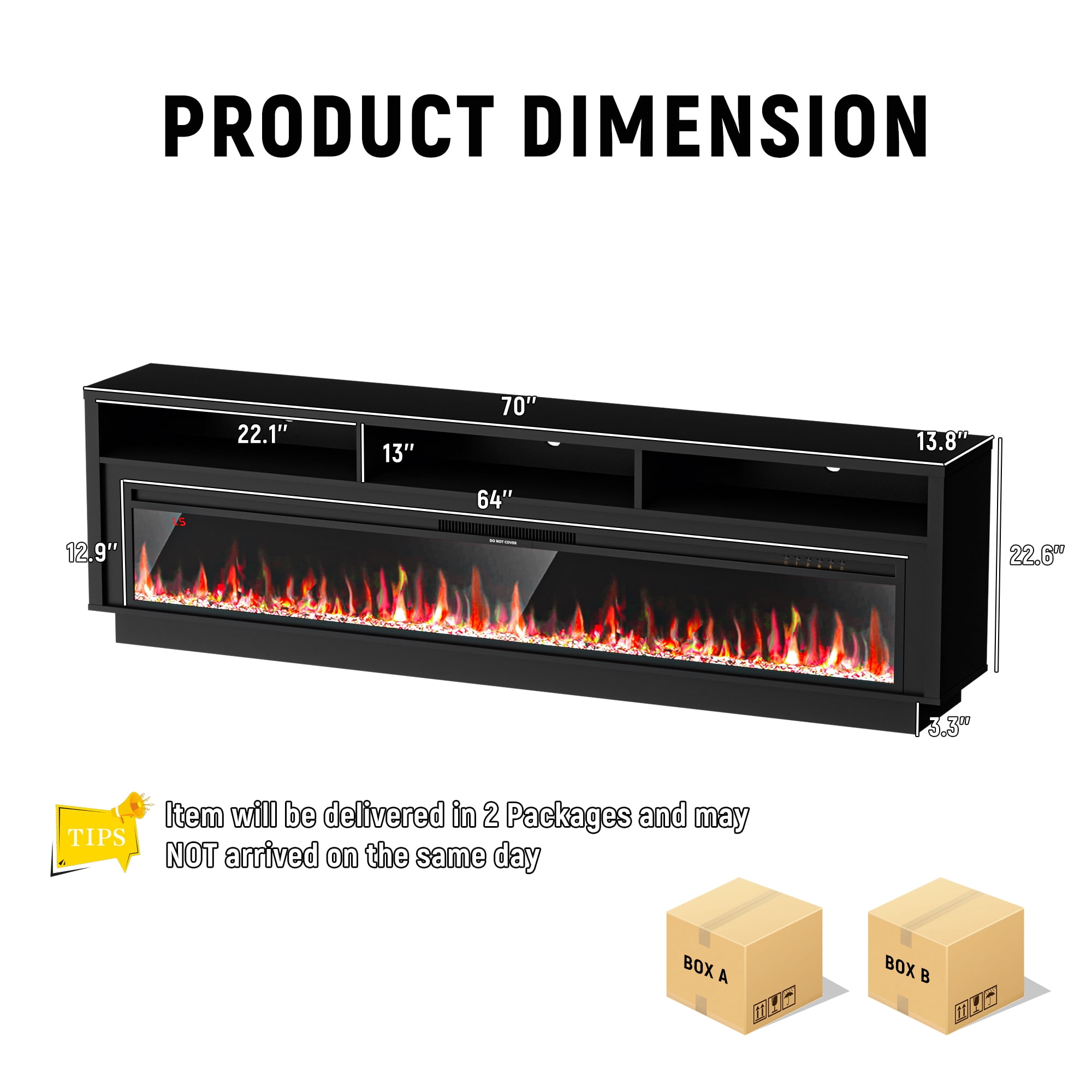 HARIPUL 70" Fireplace TV Stand for TVs Up to 80" with 64" Electric Fireplace, TV Console for The Living Room, LED Light Entertainment Center, Storage Cabinet, Media Console Table, Black