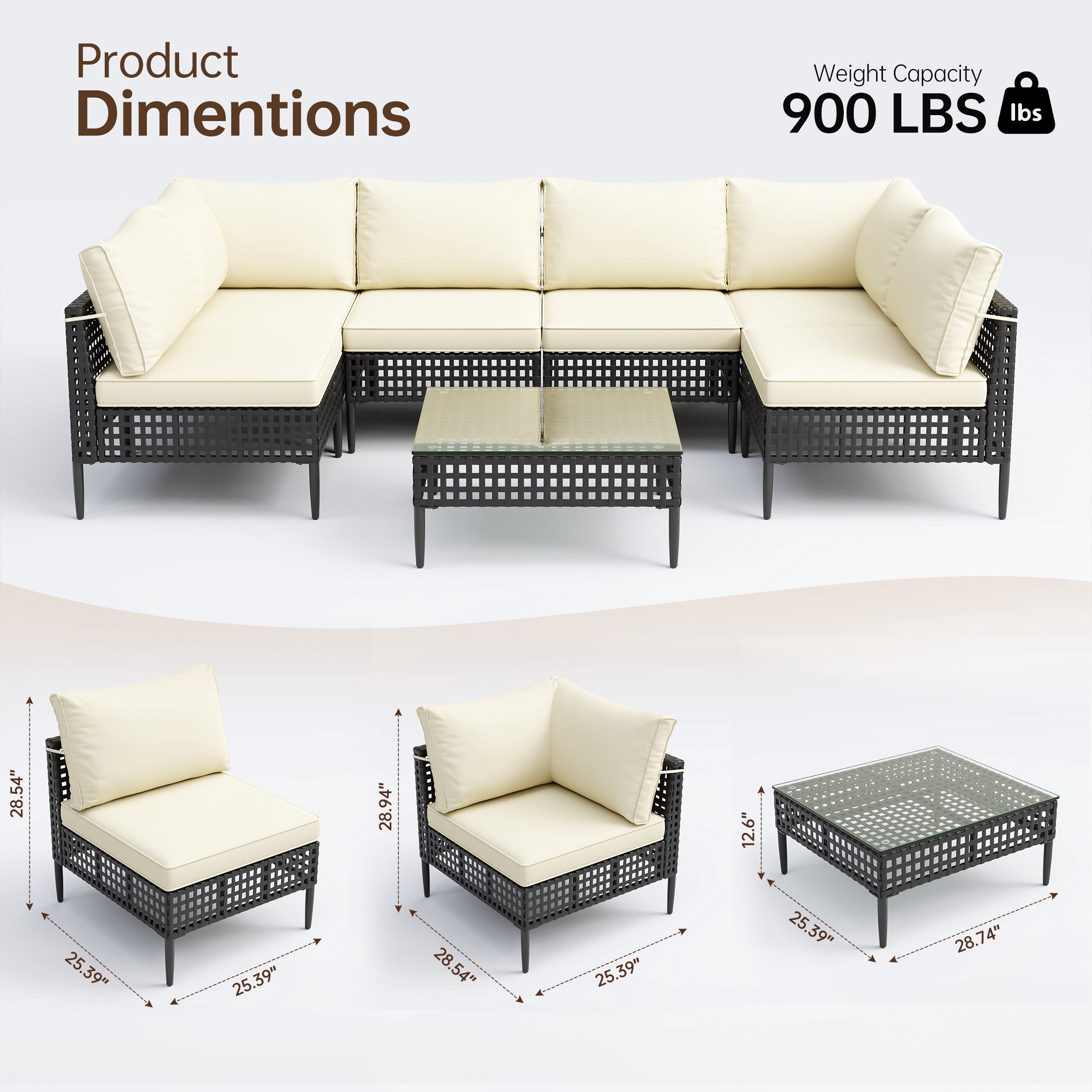 UDPATIO 7 Piece Wicker Patio Furniture Set, Outdoor Conversation Set， Sectional Sofa with Glass Coffee Table， Outdoor Sofa for Porch, Backyard, Black&Beige