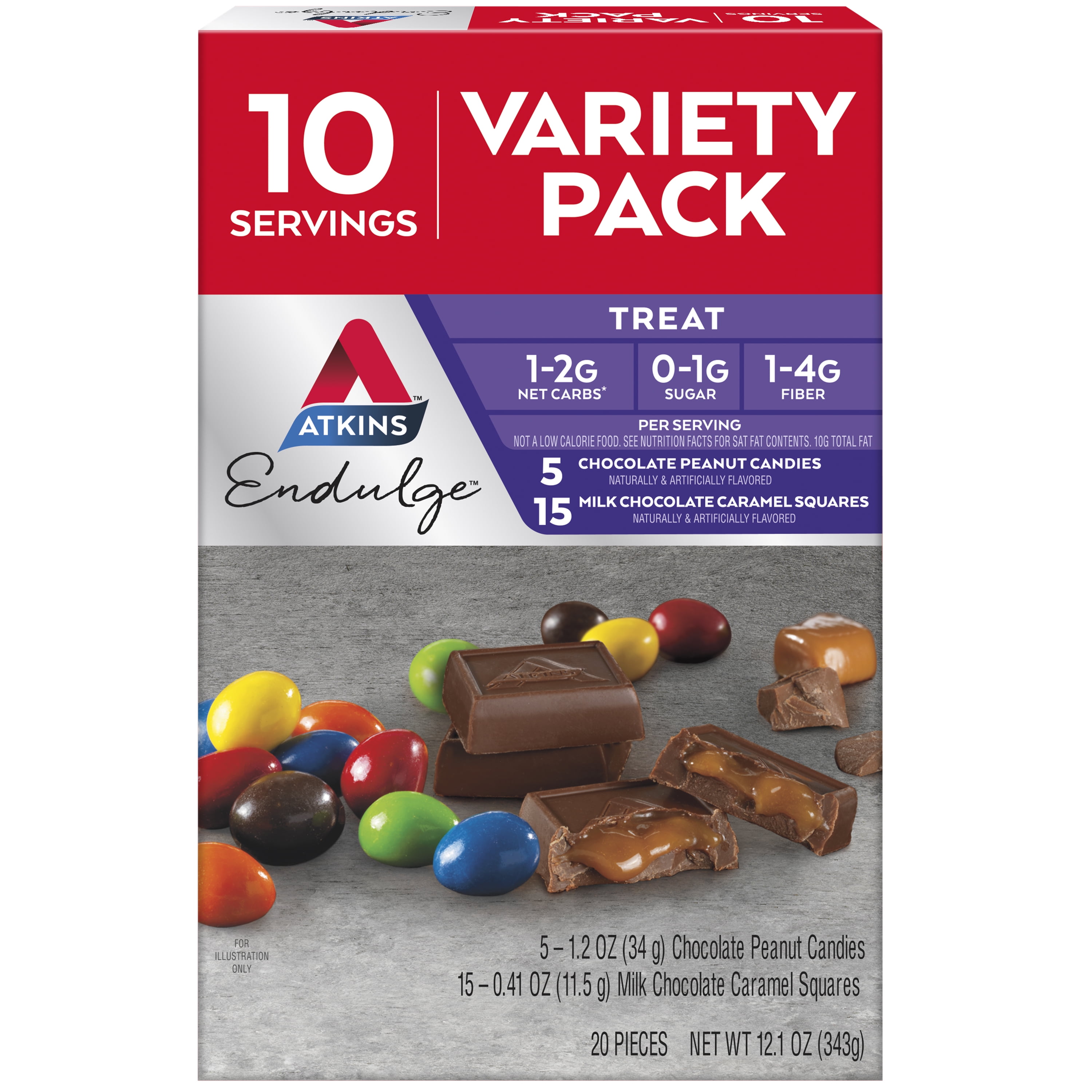 (2 pack) Atkins Endulge Assorted Variety Pk, Peanut Candies & Milk Chocolate Caramel Squares, 20 Ct
