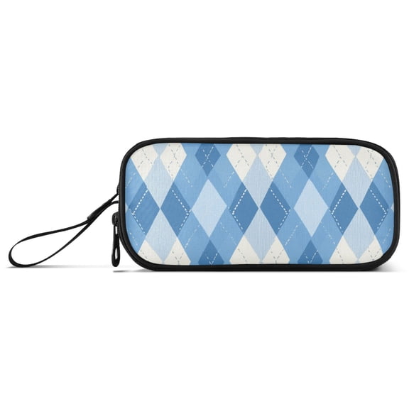 Blue and White Argyle Pattern Plaids Pencil Case Stationary Holder Pen Bag Pencil Pouch Tool Organizer 3 Compartments