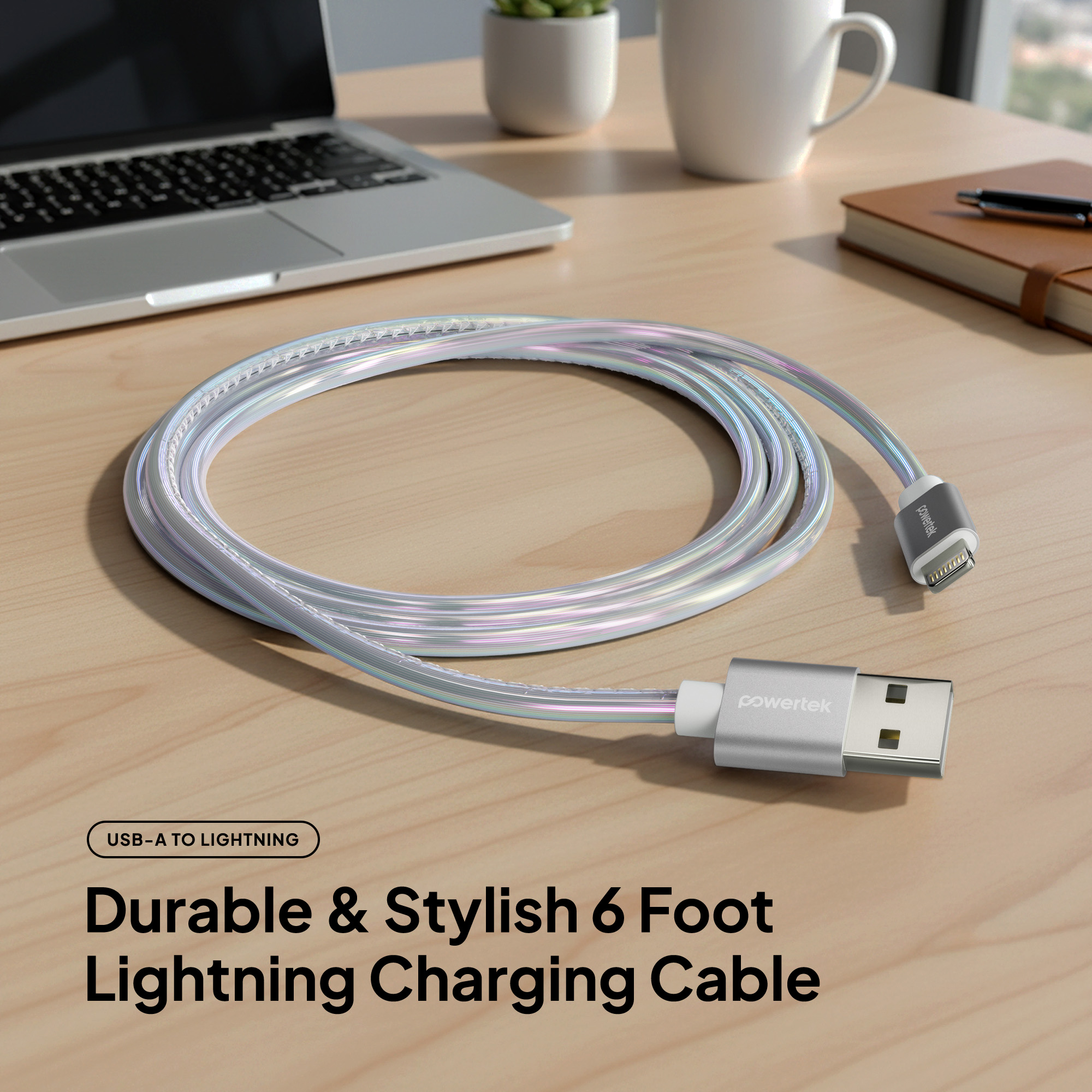 Powertek MFi Certified USB-A to Lightning Cable, 6 ft, Silver photo 2