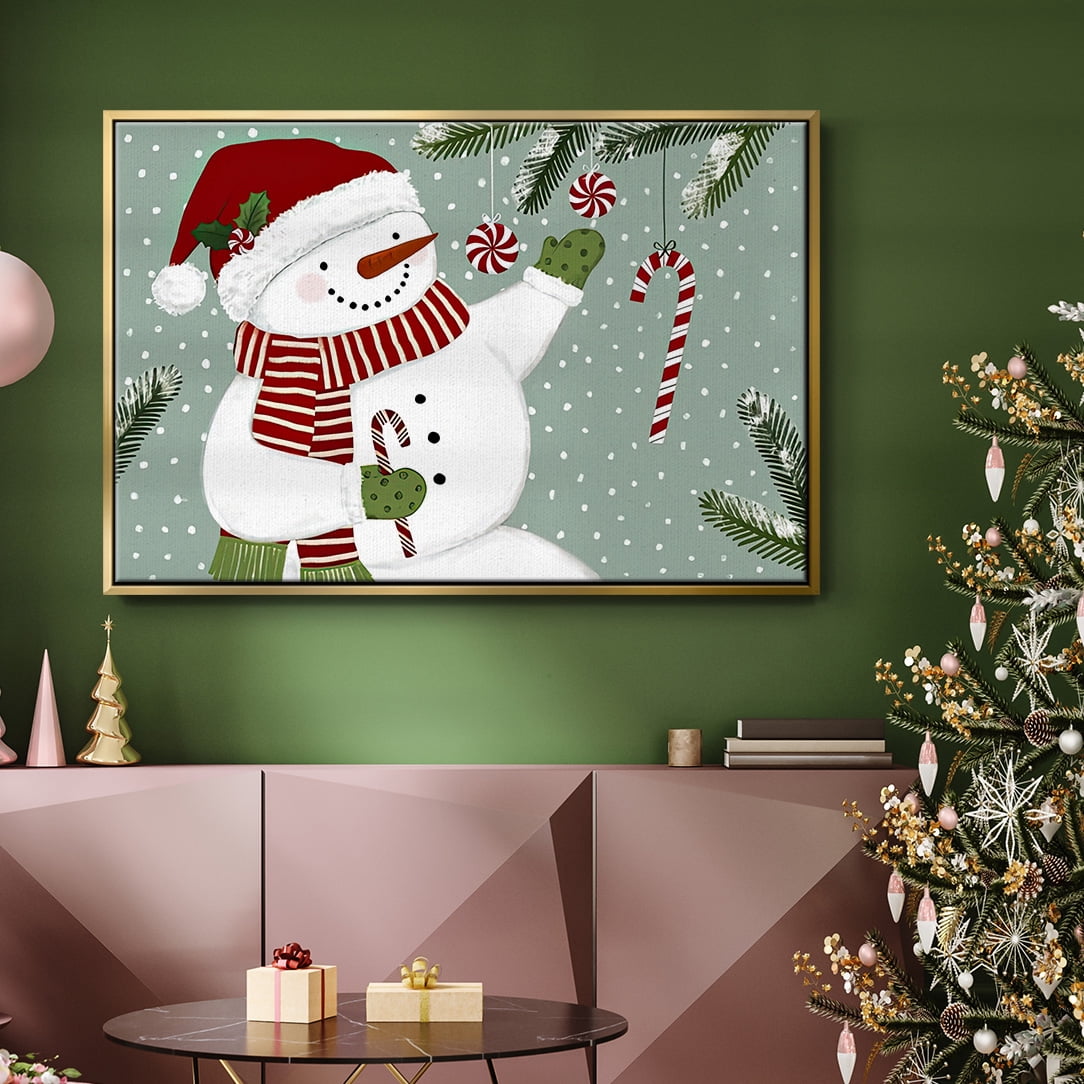 Peppermint Snowman Collection A - Framed Gallery Wrapped Holiday Canvas - 25 x 37 - Gold Frame