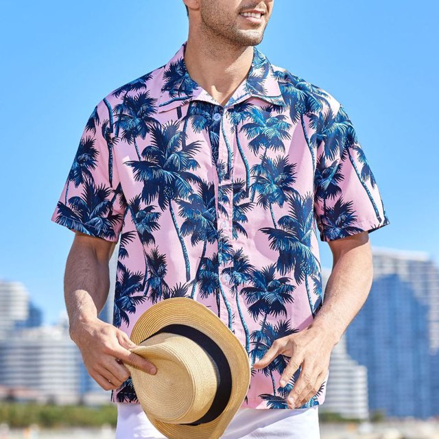 Button Front Hawaii Shirt,Men Short Sleeve Shirt Summer Short Sleeve Button Front Shirt Coconut Printed Shirt Elevated Design