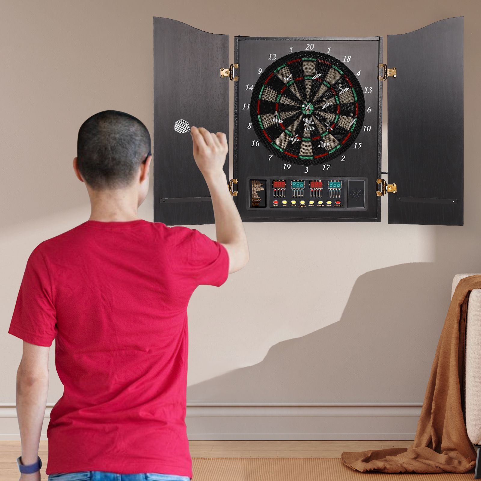 1 PCS Black Electronic Dart Machine, Decorative Dartboard Cabinet Set, Dartboard Cabinet(Folded)
