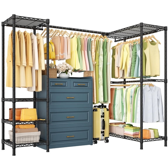 L Shaped Clothes Rack For Corner Heavy Duty Freestanding Clothing Rack Adjustable Garment Rack Closet Organizer System Portable Hanging Storage Black