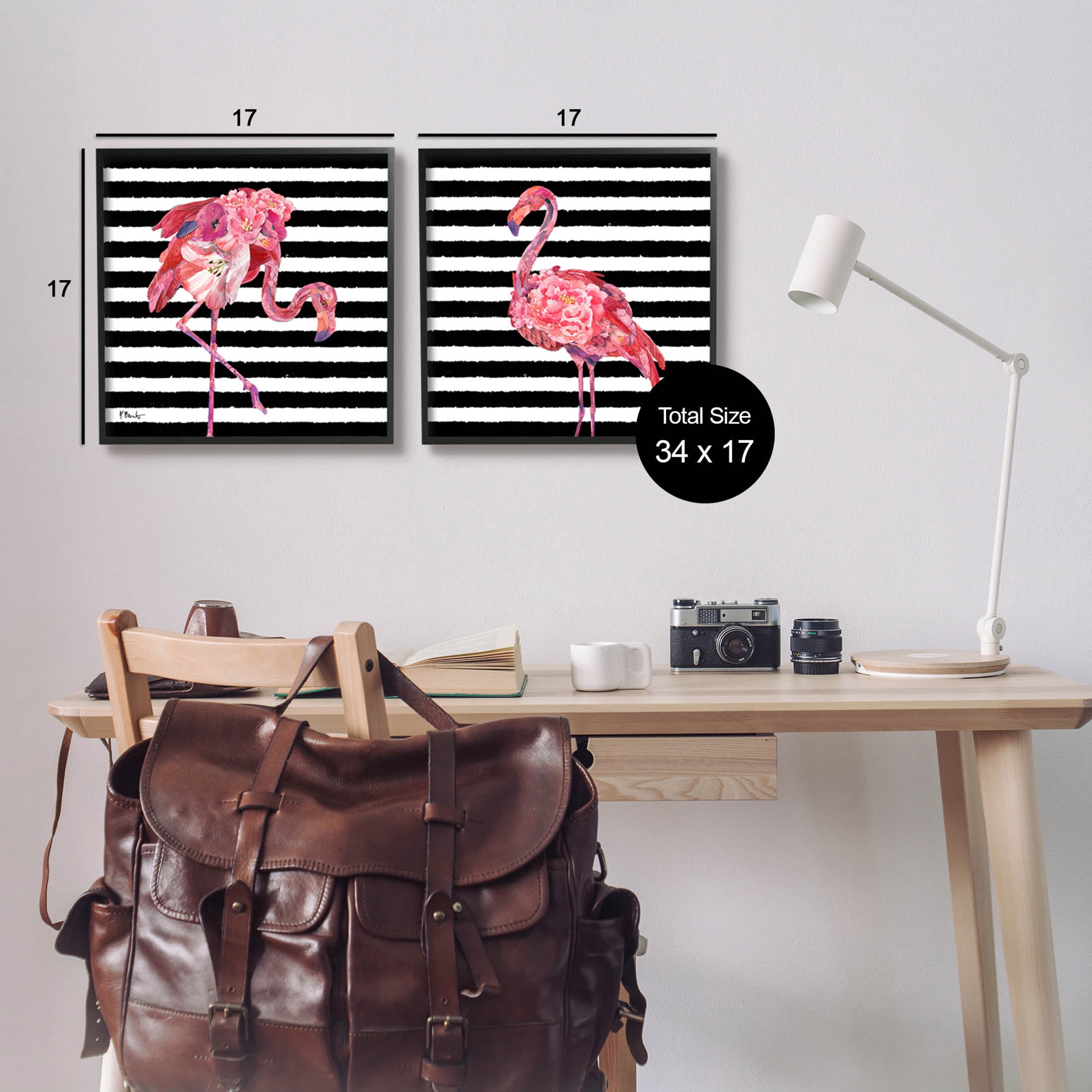 Bold Striped Flamingo Blossoms Animals & Insects Graphic Art Black Framed Art Print Wall Art, Set of 2