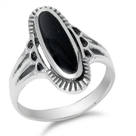 Tribal Pewter Rings - Sterling Silver Women's Simulated Black Onyx Large Tribal Long Ring (Sizes 4-12) (Ring Size 10)