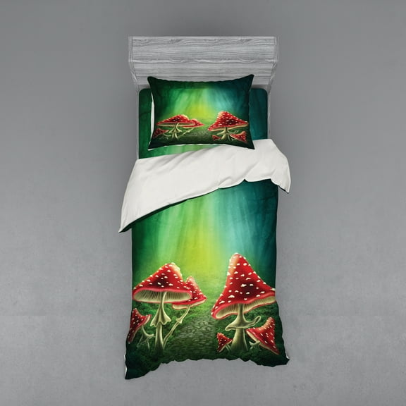 Ambesonne Colorful Bedding Set 3 Pcs, Mysterious Mushrooms, Twin XL, Sea Green Red Cream