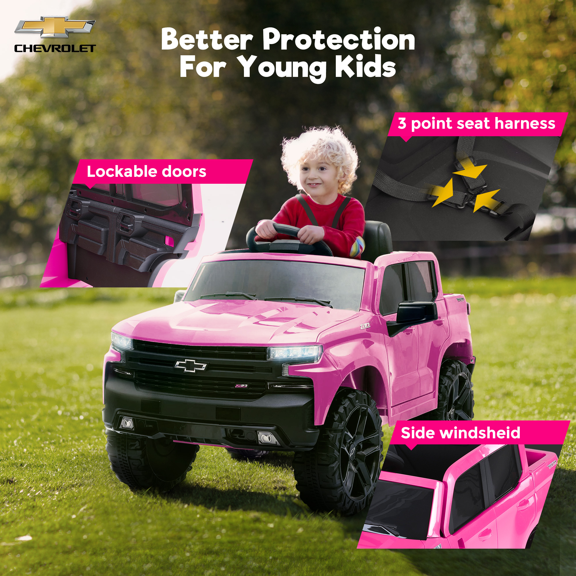 FUNTOK Licensed Chevrolet Silverado Kids Electric Ride on Toys,Battery Powered 12V Child Ride on Truck Car w/ Parent Remote Control and Storage Trunk, Pink