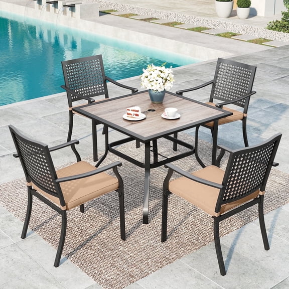 SUMMIT LIVING 5-Piece Outdoor Patio Dining Set with 4 Steel Stackable Armchairs with Cushions (Weight Capacity 350 lbs) & 1 Square Wood Grain Table with Umbrella Hole, Black & Brown