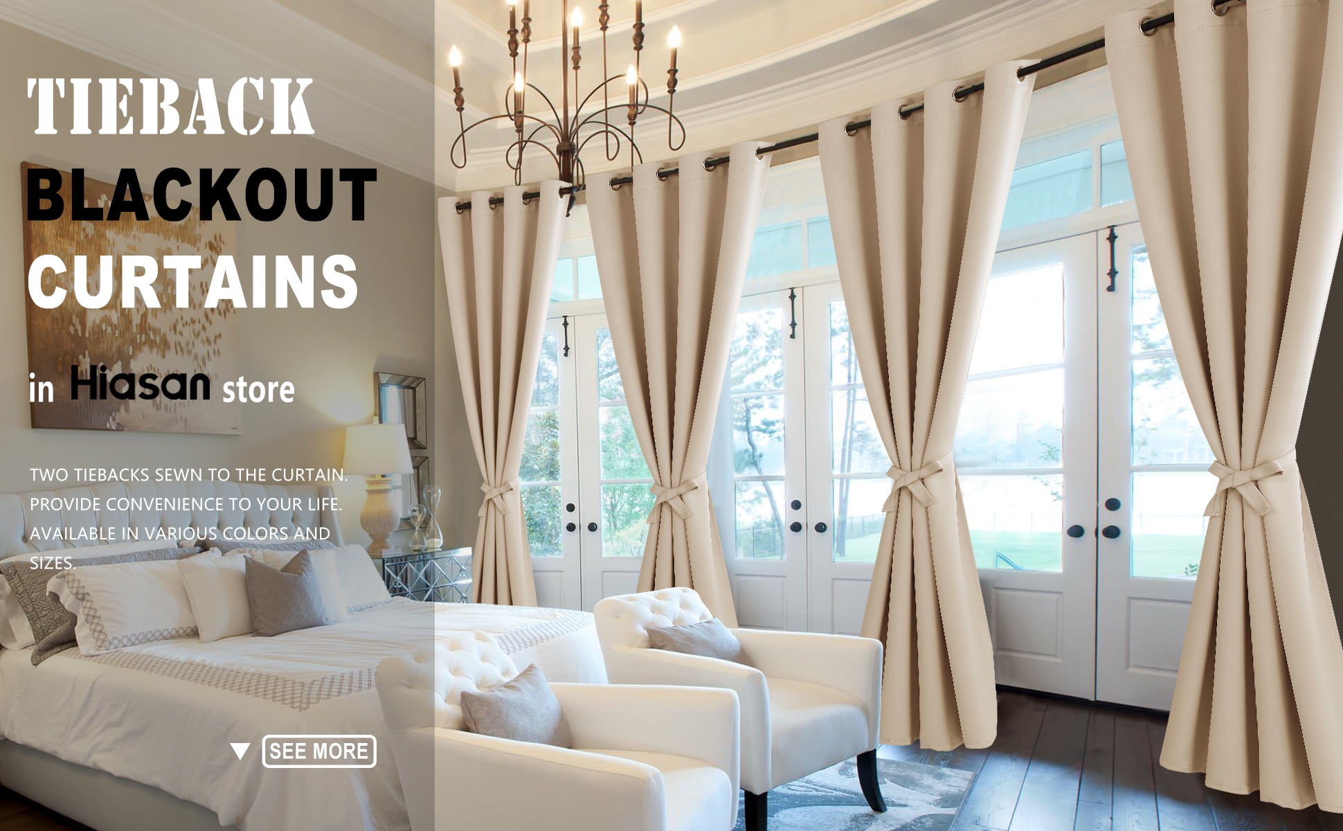 Hiasan Short Blackout Curtains for Bedroom - Thermal Insulated & Energy Saving Window Curtains for Living Room, 2 Drape Panels Sewn with Tiebacks, Beige, 42 x 45 Inch