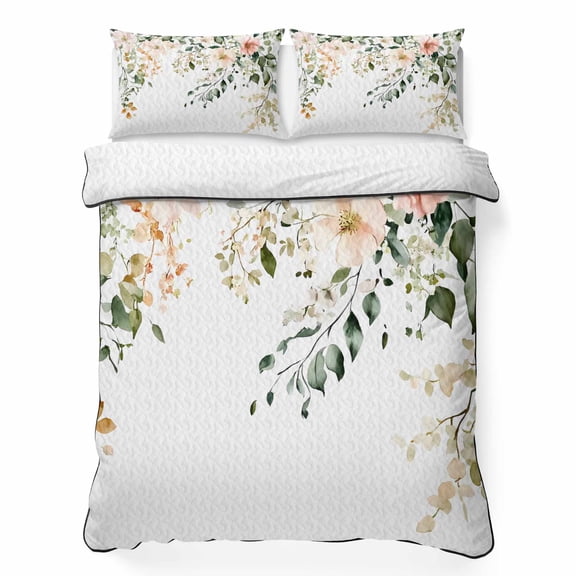 Twin XL Quilt Set 68''x98'', Sage Green Eucalyptus Lightweight Summer Bedspread Coverlet Set with 2 Pillow Shams, Vintage Spring Floral Leaves Breathable All Season Quilt Bedding for Dorm/Guest Room