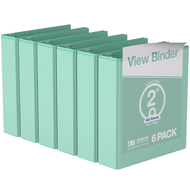 Davis Group Economy 3-Ring View Binders, 2" Round Rings, 475 Capacity, Mint, Pack of 6