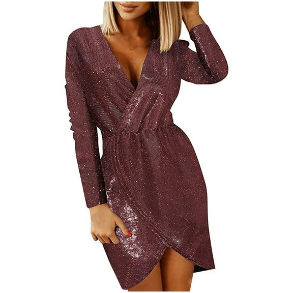 Fall! Ashirexll Sequin Dress for Women V-neck Solid Slimming Long Sleeve Buttocks Slit Party Dress Plus Size Wedding Guest Maxi Dresses Bodycon Long Formal Party Evening Dress Wine L
