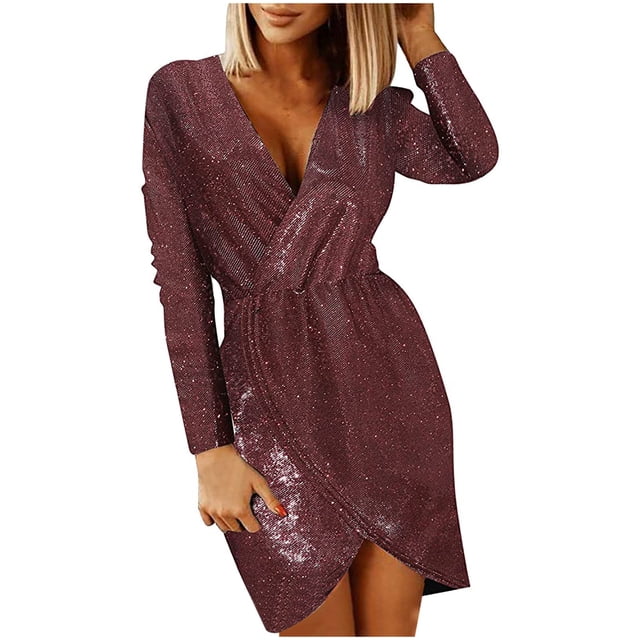 Pompotops Robe de Soirée Fendue à Manches Longues, Col en V, Aguichant, Unie, Amincissante, à Paillettes pour Femmes