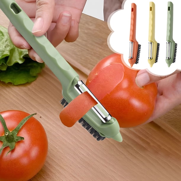 Cepillo de patata y pelador 2-en-1 - Cepillo flexible para limpiar verduras con cabeza extraíble - Naranja, Verde, Amarillo - 19,5cm Acero inoxidable y Plástico