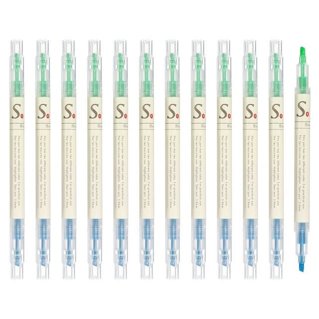 Uxcell Highlighter Pen, 12 Pack Double Ended Highlighter Broad Tips Marker Pens Studying Supplies for Office Home Daily Use, Blue/Green