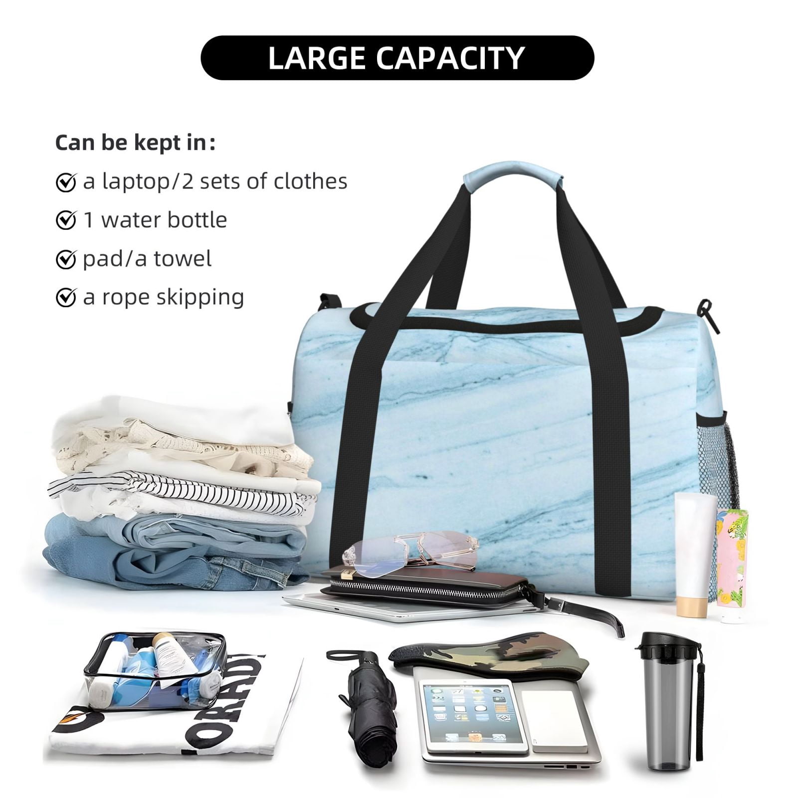 Fuzoiu Blue Marble Print Travel Duffle Bag,Carry On Tote Bags,Duffel Bag,Sport Gym Bag, Hospital Bag for Labor and Delivery, Overnight Bag,Luggage Bag