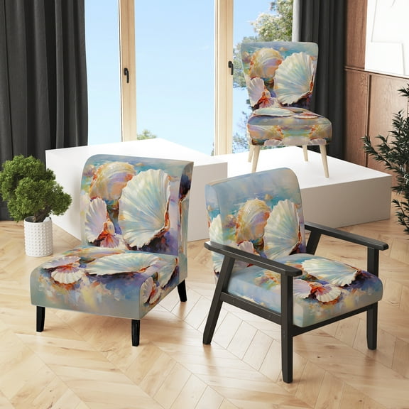 Designart "White expressionist Seashells I" White Animals Upholstered Accent Chair - Modern Arm Chair For Living Room
