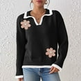 thumbnail image 5 of Women's Floral Lapel Contrast Stitch V-Neck Long Sleeve Pullover Knit Sweater, 5 of 7