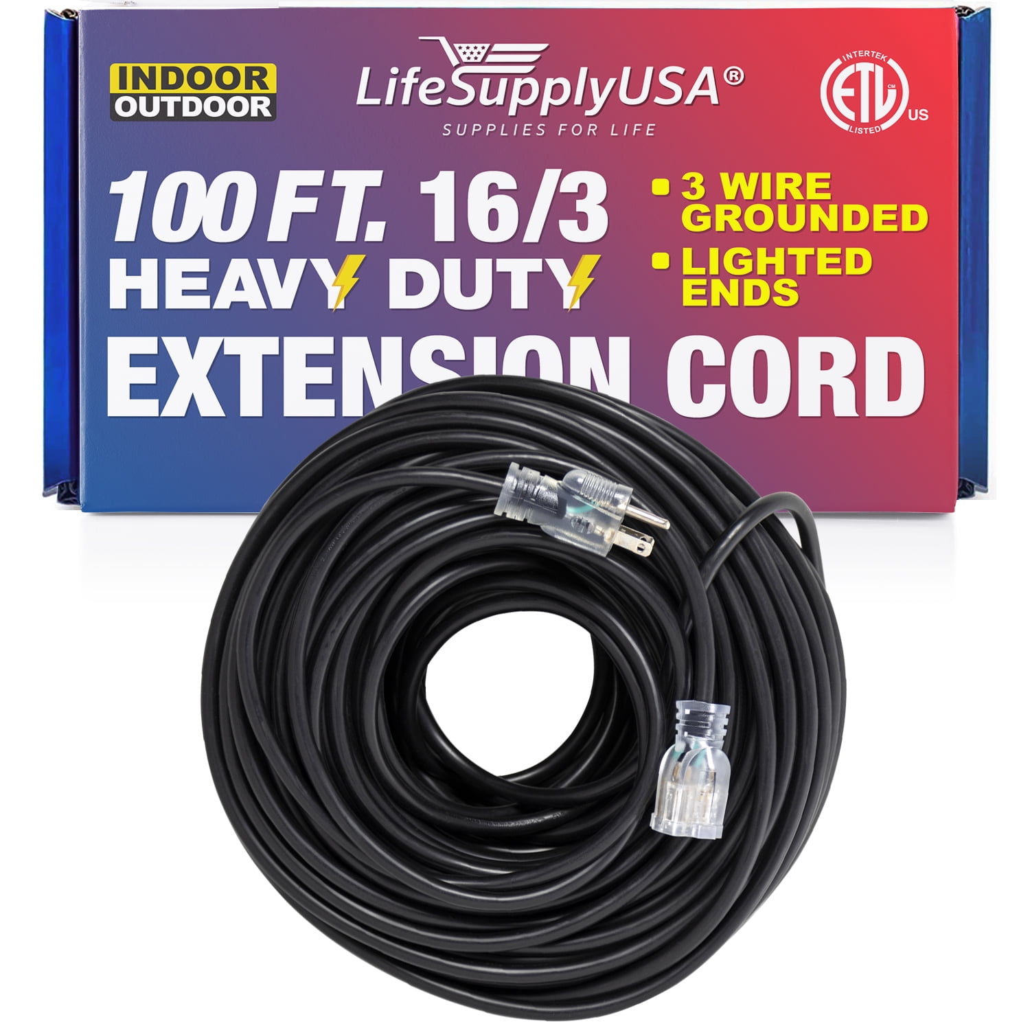 100 ft Power Extension Cord Outdoor & Indoor Heavy Duty 16 gauge/3