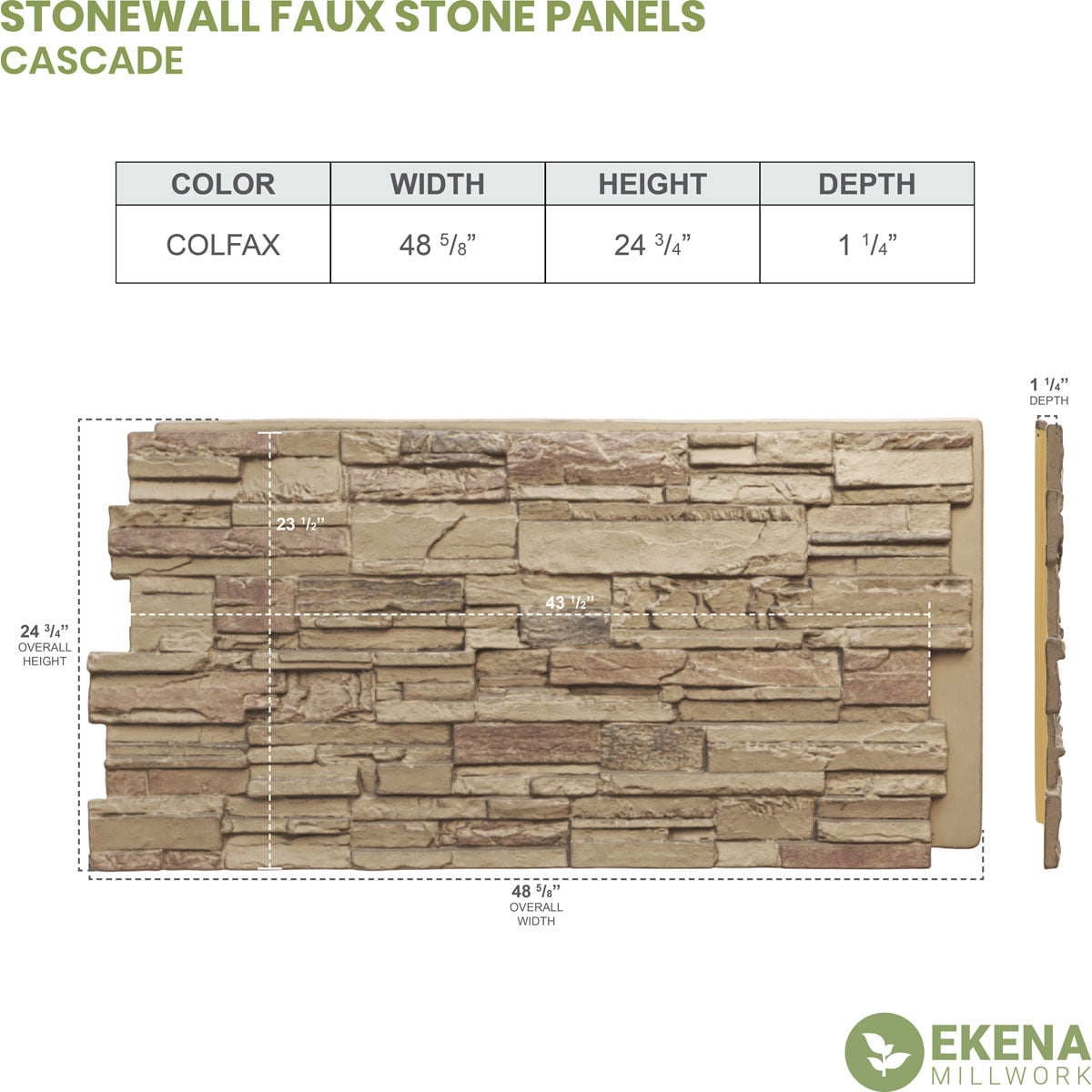 Ekena Millwork 48.625"W x 24.75"H x 1.25"D Cascade Stacked Stone, StoneWall Faux Stone Siding Panel, Colfax