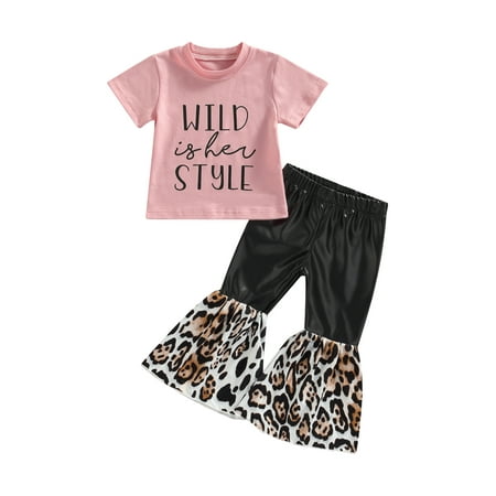 

Frobukio Kids Little Girls 2Pcs Clothes Suit Short Sleeve Letters Print Tops + Leopard Faux Leather Flare Pants Pink 5-6 Years