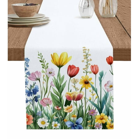 

Table Runner Dresser Scarf 13 x 70 Inch Watercolor Spring Colorful Flowers Plants Romantic Garden Table Runners Non-Slip Heat Kitchen Dining Table Decor for Indoor Outdoor Home Party Decoration