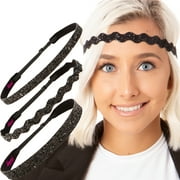 Hipsy Women's Adjustable No Slip Bling Glitter Headband 3-Pack (Mixed Black)