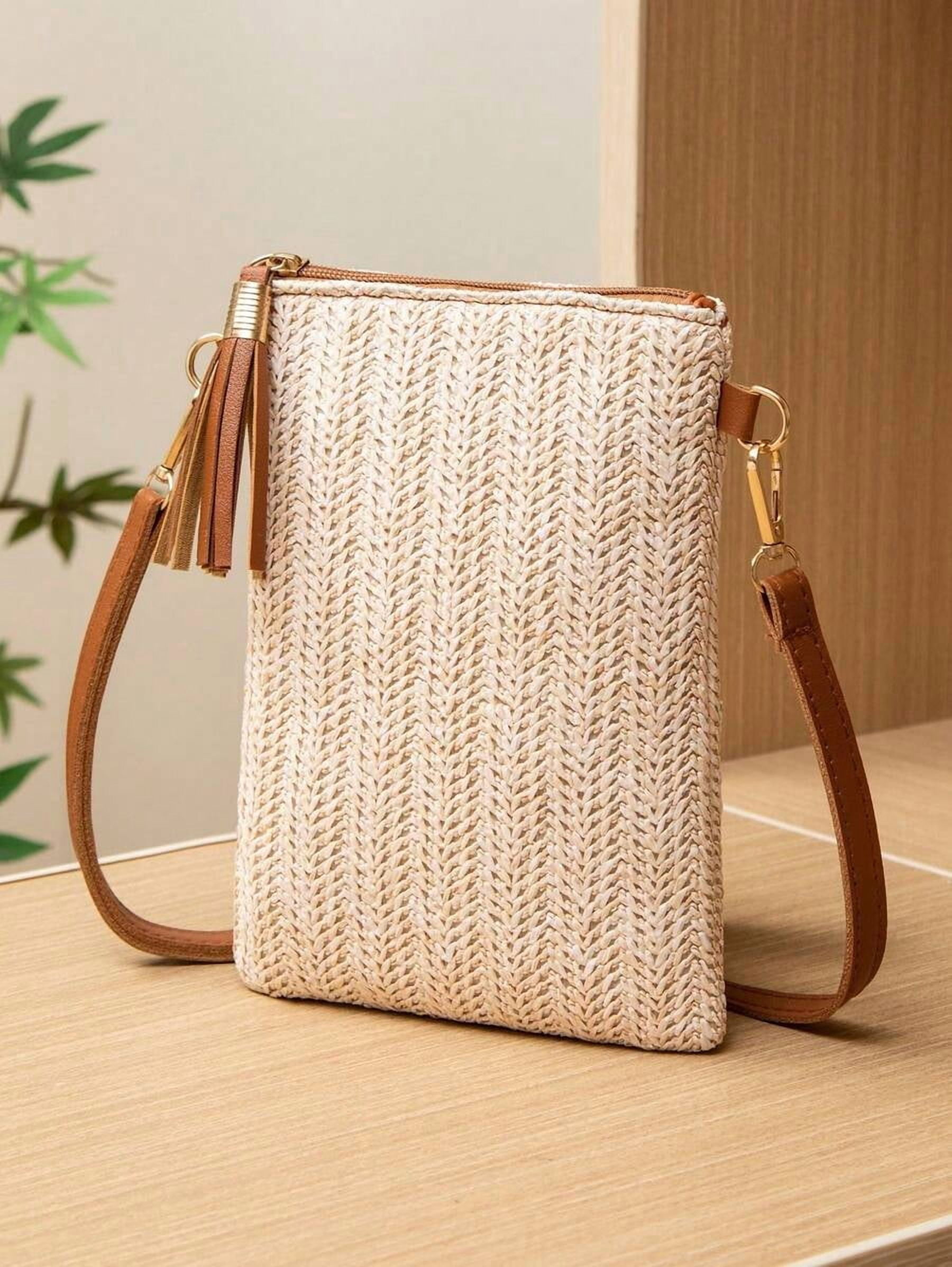 Mini Crossbody Bag For Women, Handwoven Cross-Body Bag, Solid Color Portable Handbag, French Casual Tassel Decor Bag, Large Capacity Multi-Function Zipper Shoulder Strap Bag, Travel Shopping Bag