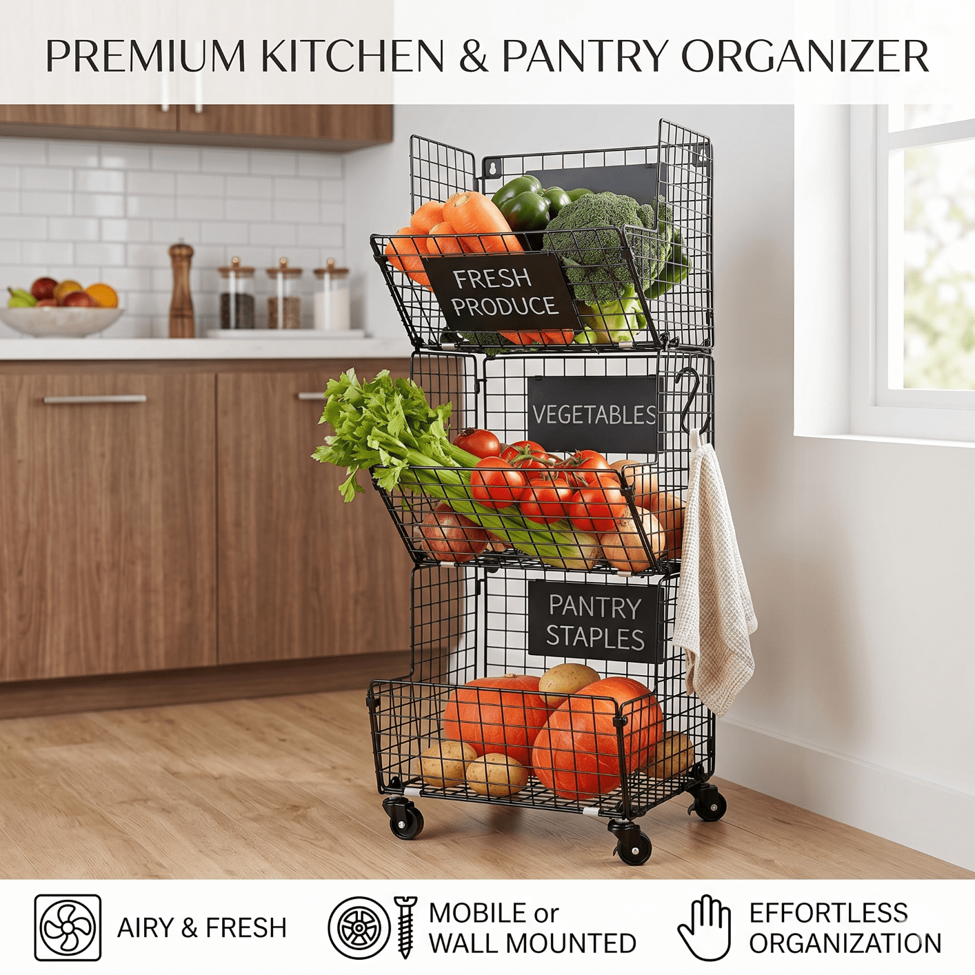 X-COSRACK 3-Tier Rolling Fruit Basket, All-Metal Stackable Produce Storage Cart, Wall Mounted Vegetable Organizer Bin, Black