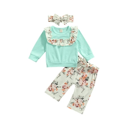 

Yinyinxull Toddler Baby Girl Fall Outfits Long Sleeve Ruffle T-Shirt Tops Bow Floral Long Pants with Headband Set Blue 9-12 Months