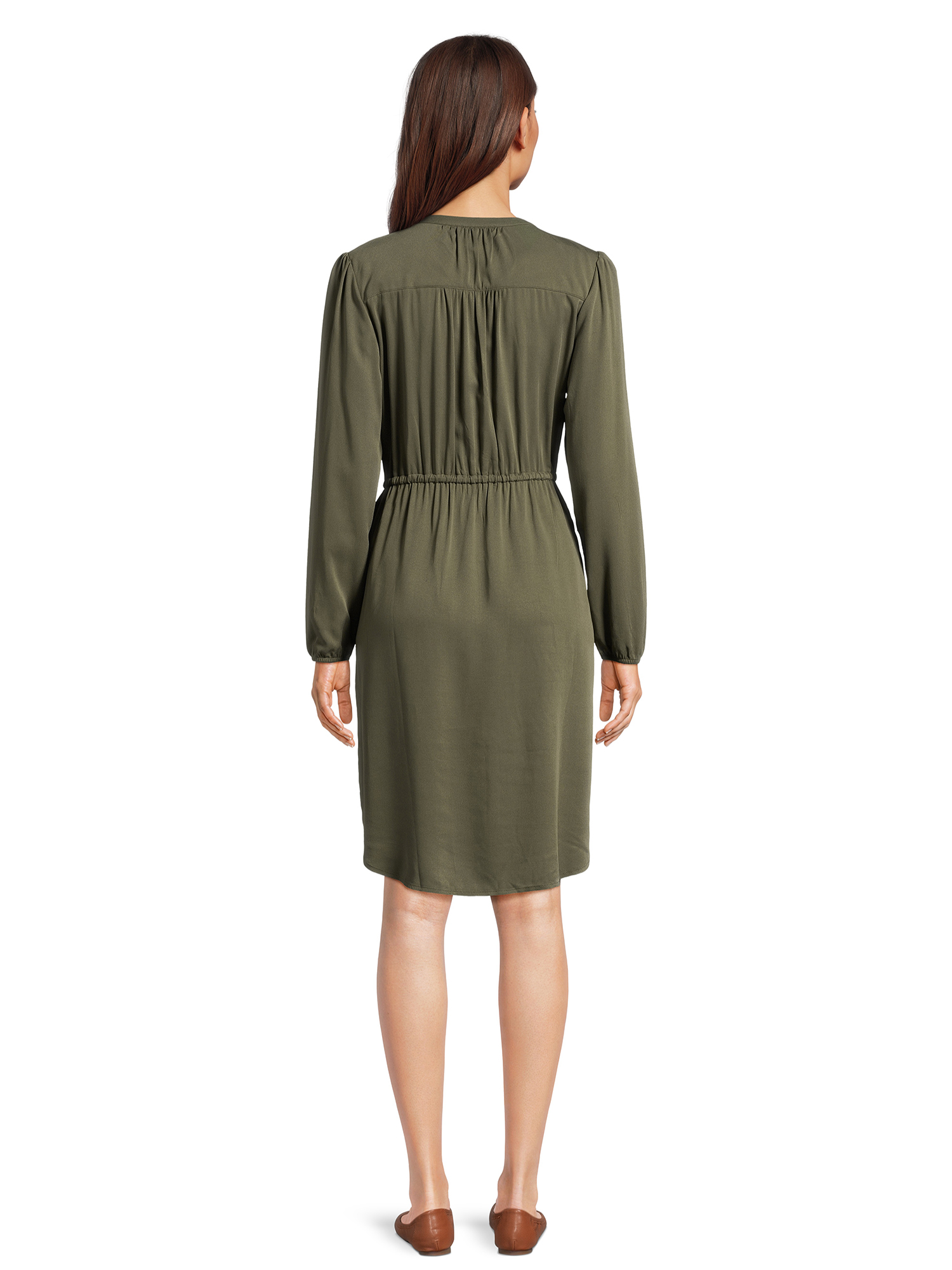 Time and Tru Women's Button Front Drawstring Waist Dress with Long Sleeves, Sizes XS-3XL - image 3 of 5