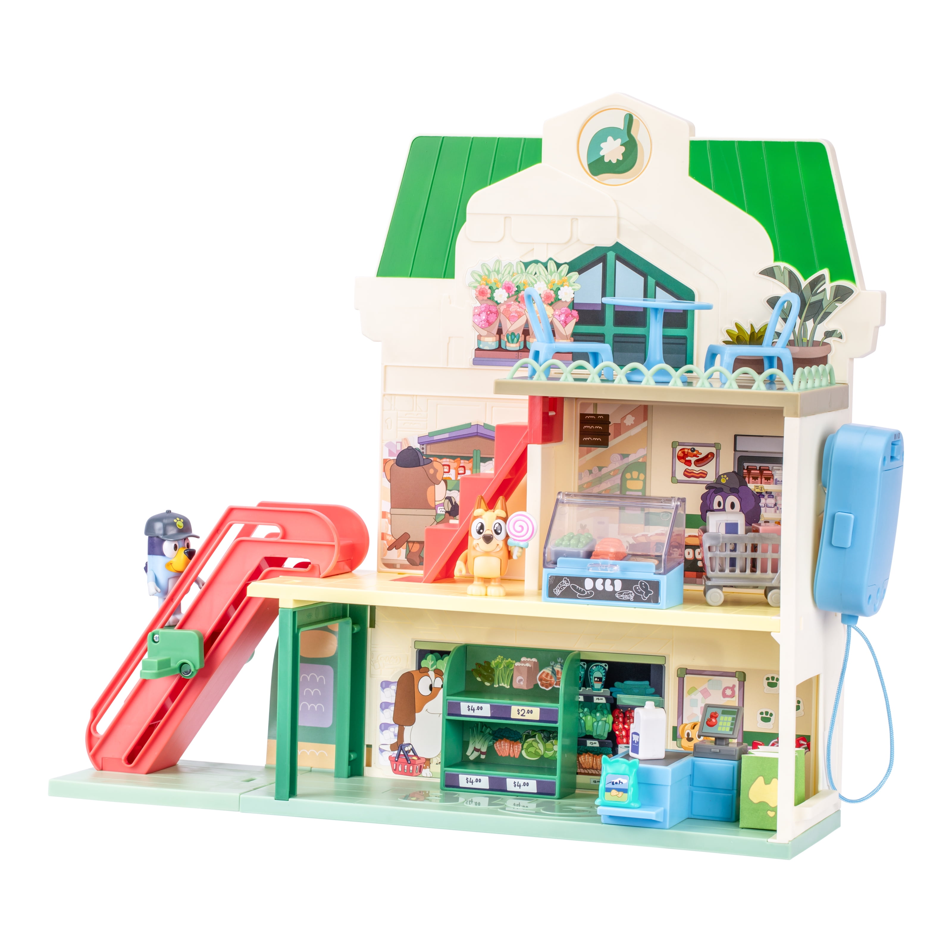 Bluey Supermarket Playset, 3 Different Levels with Exclusive Bluey and Bingo Figures. 24 Sounds and 15+ Play Pieces Plus Fun Intercom, Ages 3+