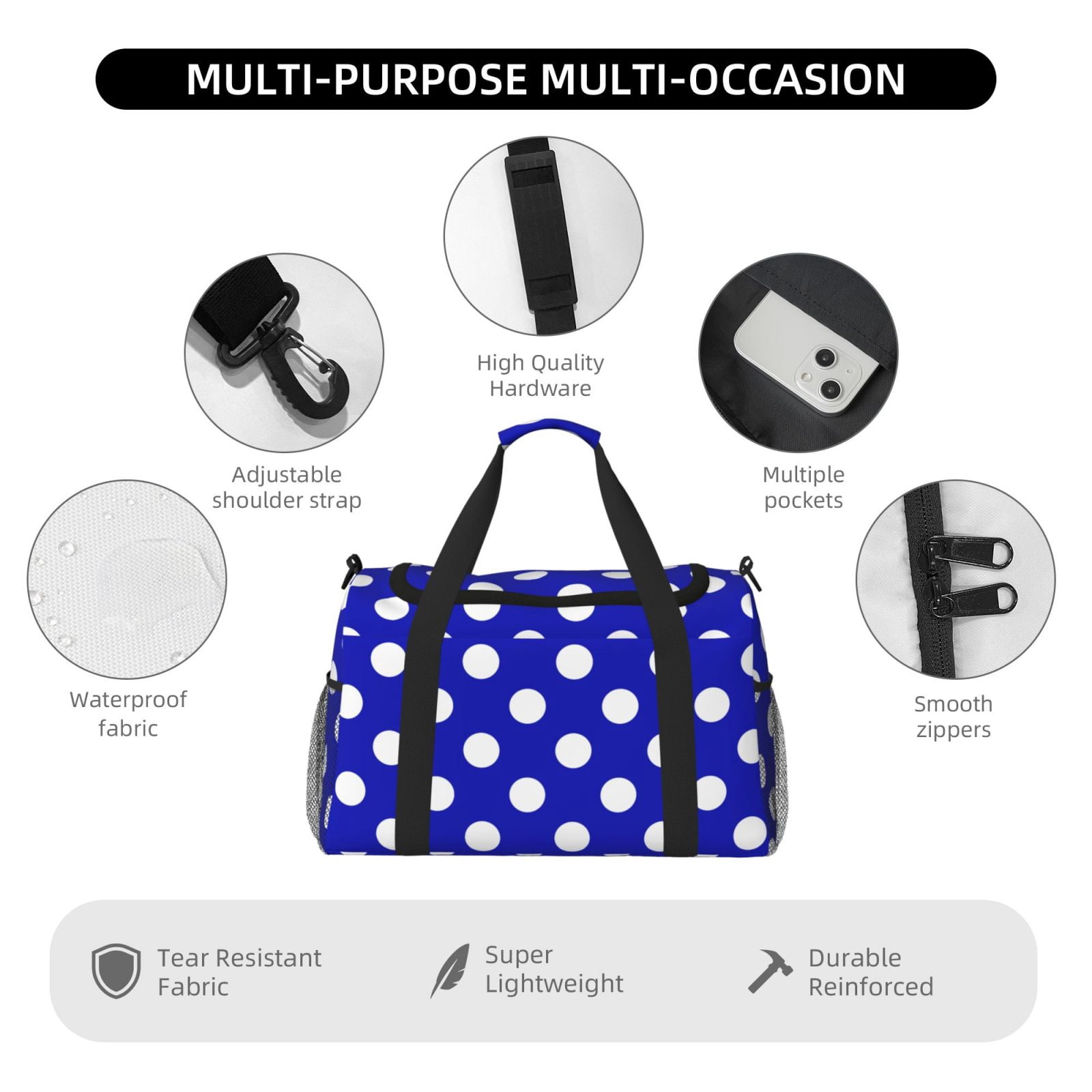 Fuzoiu Blue And White Polka Dot Print Travel Duffle Bag,Carry On Tote Bags,Duffel Bag,Sport Gym Bag, Hospital Bag for Labor and Delivery, Overnight Bag,Luggage Bag