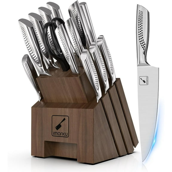 imarku Knife Set, 16PCS High Carbon Stainless Steel Kitchen Knife Set with Block Ultra Sharp Knife Block Set, Japanese Knife Set with Dotted Non-slip Ergonomic Handle, Dark Brown, Best gifts