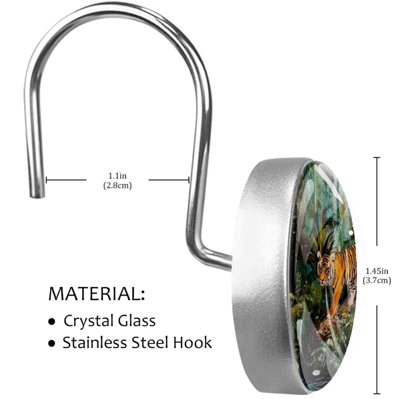 Tigers Walking on Forest Shower Curtain Hooks Round Crystal Glass, Set of 12 Shower Curtain Rings - Shower Hooks for Curtain Shower Rings