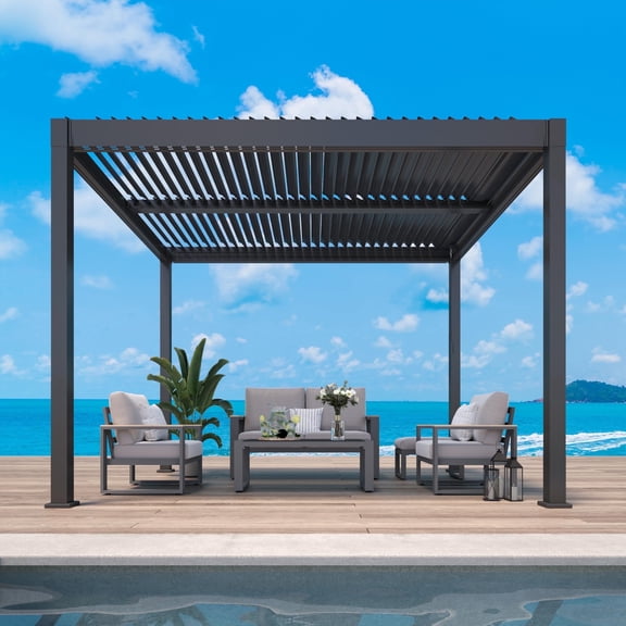 Heynemo Adjustable Louvered Pergola - Metal Hardtop, Aluminum, Black, 10' x 12'