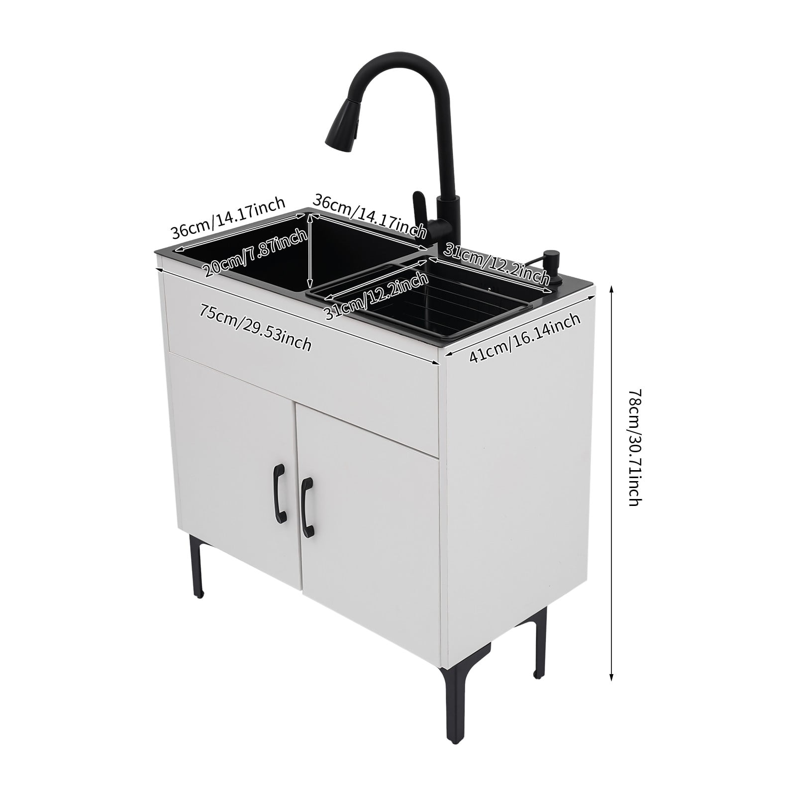 White Freestanding Double Kitchen Sink with Cabinet, Pull-Out Faucet, Soap Dispenser, Drainage Basket, 201 Stainless Steel & Wood, Black/White, 29.5"x16.1"x30.7", Easy Assembly, Complete Set