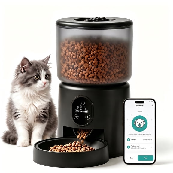 Automatic Cat Feeder with App, WiFi Smart Pet Feeder, 3L Programmable Dry Food Dispenser for Cats & Small Dogs, Dual Power Supply, 10 Meals/Day, 12 Portions/Meal, Black