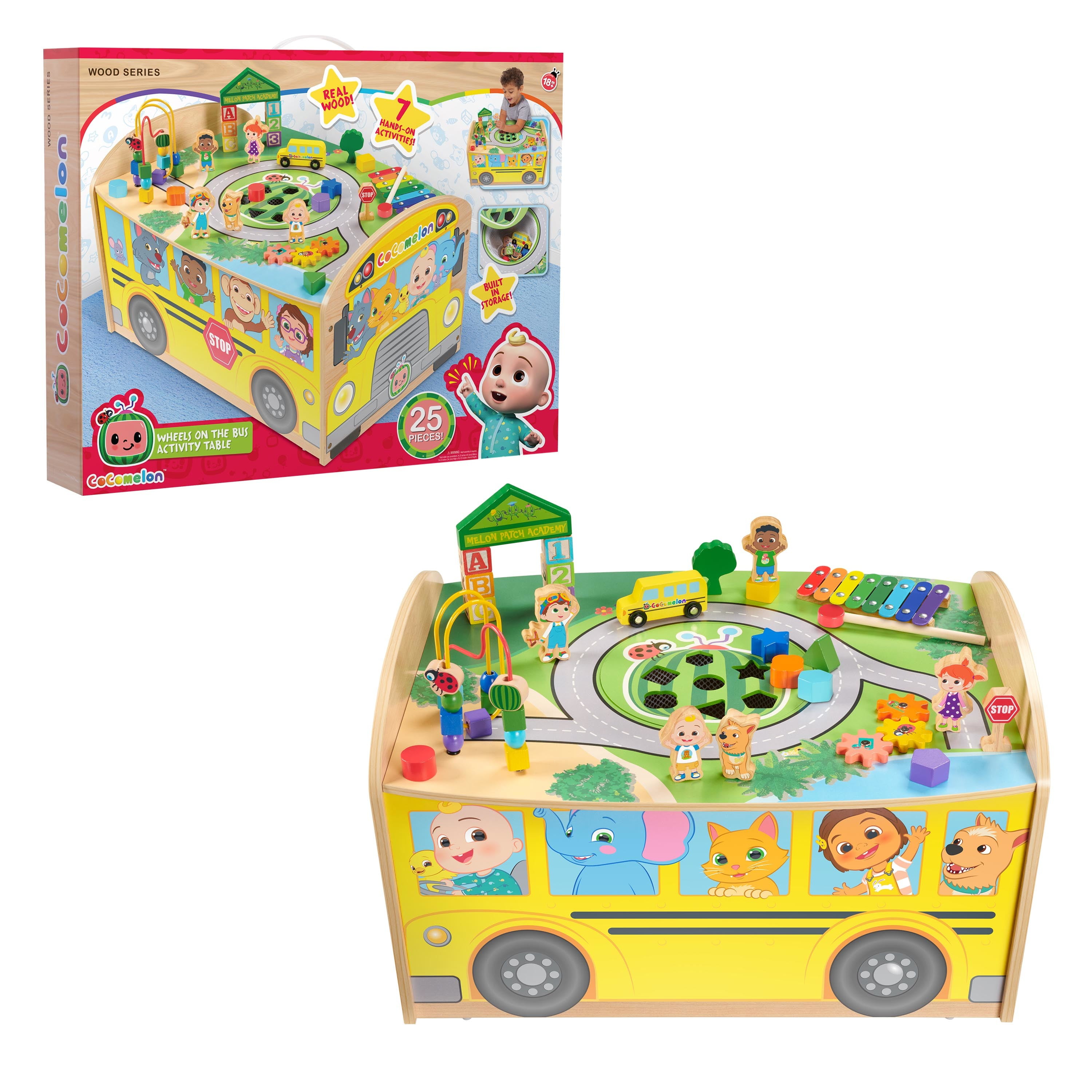 CoComelon Wheels on the Bus Wooden Activity Table, Recycled Wood, Officially Licensed Kids Toys for Ages 18 Month, Gifts and Presents